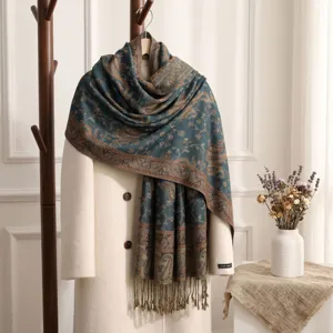 Vintage paisley jacquard scarf and long tassel shawl for women, elegant winter warm wrap.