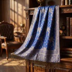Vintage blue paisley pattern tassel shawl winter warm cozy women fashion long scarf main