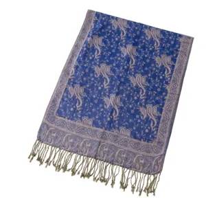 Blue paisley jacquard scarf with tassels, elegant winter warm long shawl wrap for women.