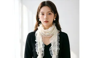 French romantic style white lace scarf detail showing delicate pleats and sweet fairy design.