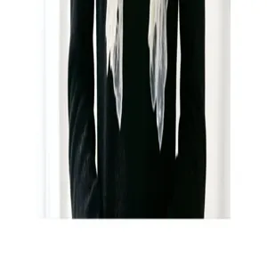 Detail view of a black garment featuring elegant white lace streamers and delicate ribbon sashes.