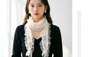 Detailed view of the French romantic fairy style lace ribbon decorative scarf with delicate pleats.