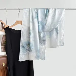 Maulbeerseide langer Schal mit blauem Blumen Schmetterling Print Damen Tuch elegant