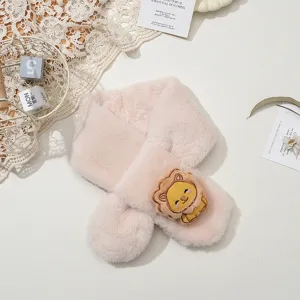 Écharpe croisée en fausse fourrure de lapin pour enfants hiver chaud mignon lion dessin animé rose