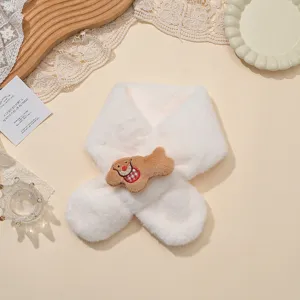 Kids winter plush scarf with cute puppy doll, warm white fuzzy neck warmer for baby daily wear.