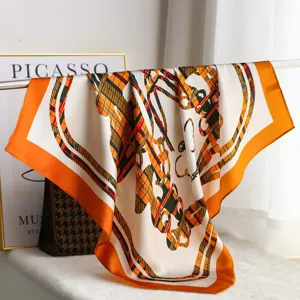 Luxury mulberry silk square scarf with elegant orange border and classic vintage print for women.