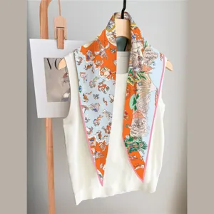 Elegant women's twill rhombus silk scarf with retro print, perfect for autumn fashion styling.