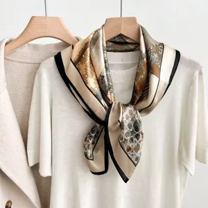 Silk square scarf for women, elegant geometric print design, versatile neckerchief accessory.