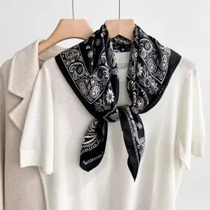 Classic black and white paisley silk scarf square neckerchief elegant women bandana