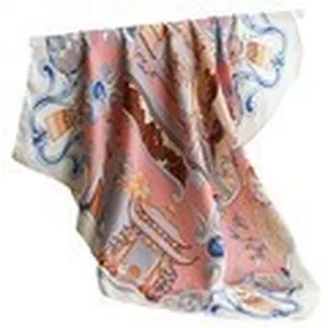 Luxurious 70cm mulberry silk square scarf with elegant vintage oriental pagoda print design.
