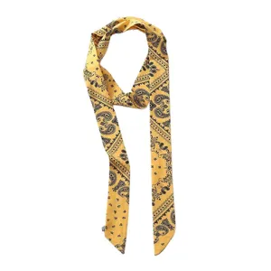 Sciarpa in seta stretta gialla con stampa cachemire da donna, nastro elegante per borsa.
