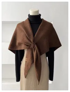 Women brown knit shawl cape autumn winter warm outer wear fashionable elegant clothing accessory
