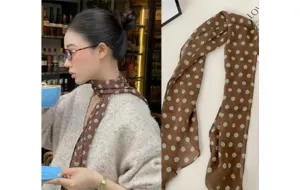 Foulard en soie long à pois marron rétro français, écharpe de cou fine et polyvalente pour femme.