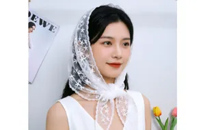 White floral lace triangular headscarf, Korean style hair wrap, elegant hair accessory for women.
