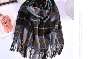 Winter cashmere-feel plaid scarf thick textured tassel fringe warm neck wrap shawl for women.