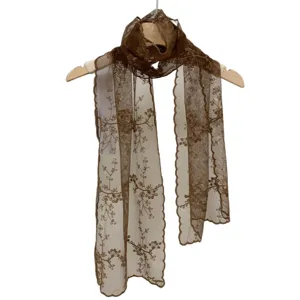 Écharpe brodée en dentelle marron femmes châle transparent floral élégant vintage foulard