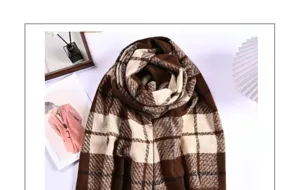 Cozy brown and white plaid winter scarf, thick cashmere-feel warm wrap shawl for women.