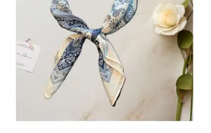 Vintage blue and white floral print cotton linen square scarf elegant bandana neckerchief.
