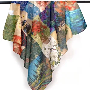 Silk cotton blend large square scarf with famous art print, elegant vintage fashion shawl for women.