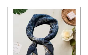 Vintage dark blue paisley bandana, French literary style cotton linen square scarf for women.