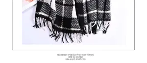 Classic black and white plaid fringe scarf, soft cashmere-feel winter warmth accessory.