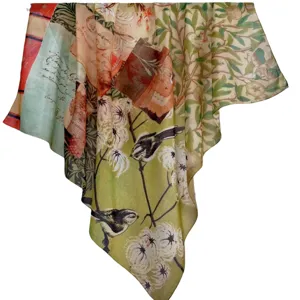 Silk cotton blend large square scarf vintage botanical bird floral shawl fashion beach wrap