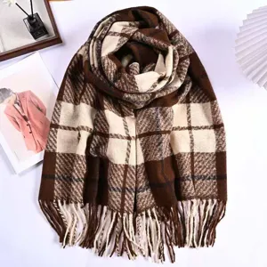 Autumn winter cashmere feel plaid fringed scarf warm thick winter neck wrap shawl cozy style