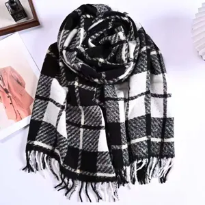 Classic black and white plaid imitation cashmere scarf winter warm tassel thick shawl and wrap