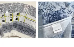 Blue and white paisley pattern thin cotton linen bandana scarf detail texture close up