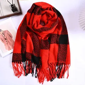 Winter red and black plaid tassel scarf, thick warm imitation cashmere shawl for couple fashion.