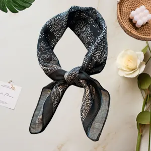 Classic black paisley cotton linen square scarf, vintage bandana for women fashion styling.