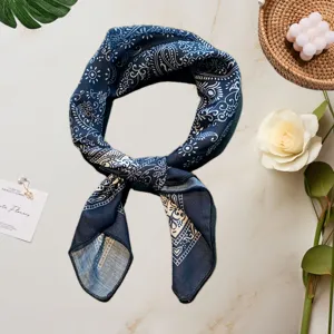 Vintage blue paisley cotton linen bandana, stylish chic neck scarf for women, lightweight.