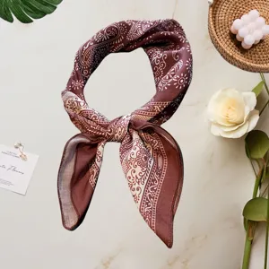 Vintage brown paisley cotton linen square scarf, elegant retro bandana for women's fashion.