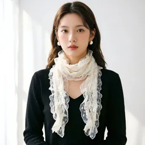 French style romantic lace ribbon sweet ruffled long decorative neck scarf for women.