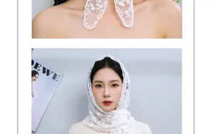 White lace triangle headscarf detail view, delicate floral embroidery, Korean style chic accessory.