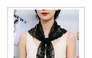 Black lace floral embroidered triangle scarf for women, vintage style decorative neckerchief.