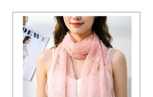 Women Pink Lace Scarf Floral Embroidery Summer Lightweight Shawl Elegant Neck Scarf Chic
