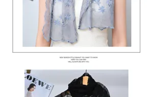 Detailed view of floral lace scarf featuring exquisite embroidery on lightweight sheer fabric.