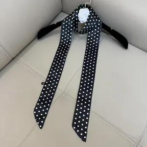 Black polka dot skinny twilly silk scarf, lightweight neckerchief for women all season.