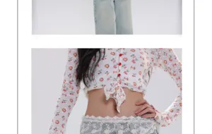 Détail haut court imprimé floral pour femme, tissu doux avec nouette et boutons.