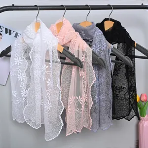 Women Floral Embroidered Lace Scarf Lightweight Sheer Long Shawl Neck Kerchief Spring Fashion Accessory