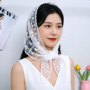 White lace floral embroidered triangle headscarf, elegant Korean style hair wrap accessory.