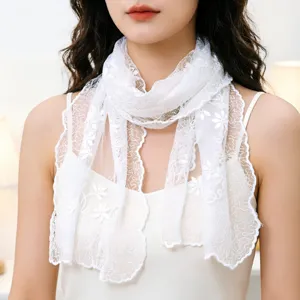 Elegant white lace floral embroidered scarf versatile decorative collar shawl for women