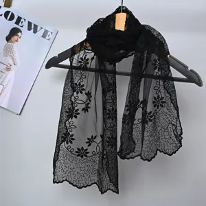 Black lace scarf for women, elegant floral embroidered sheer shawl and fashion neck wrap.