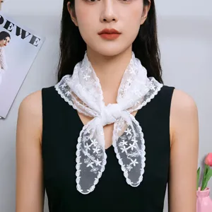 White lace triangular scarf for women, elegant floral net kerchief, chic fashion neckwear.