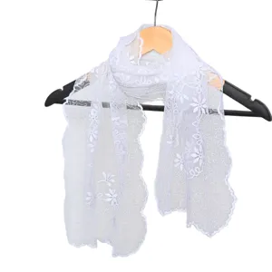 White lace floral embroidered scarf for women, elegant lightweight spring summer neck wrap.