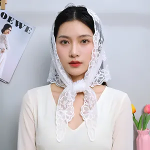White lace triangle headscarf for women, vintage floral embroidered hair scarf and accessory.
