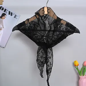 Black lace floral triangle scarf, vintage sheer mesh shawl, stylish layering head wrap.