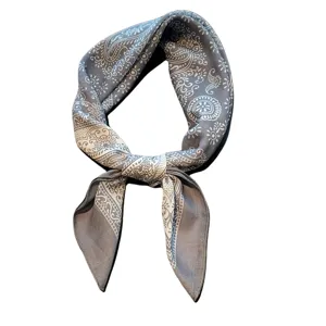 Vintage grey paisley bandana cotton linen small square scarf for women stylish head wrap