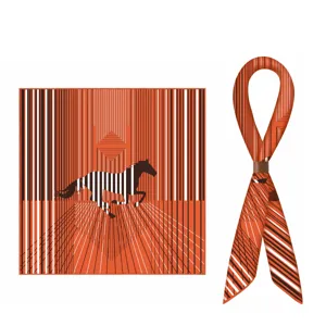 Schicker oranger Seiden-Quadratschal und Twilly-Set mit geometrischem Pferdemotiv.
